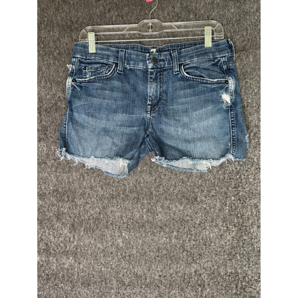 7 For All Mankind A Pocket Distressed Denim Cut Off Shorts Medium Wash Blue